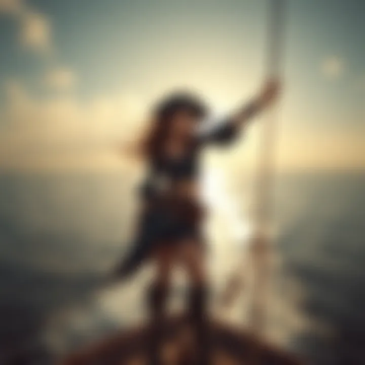 A fearless pirate girl stands at the bow of a ship, with the sea in the background and a sword raised high, embodying a spirit of adventure.