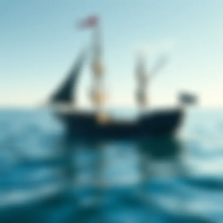 A minimalist pirate ship designed with a textureless art style, floating on a calm sea, surrounded by simple waves and a clear sky.