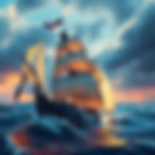 A pirate ship with billowing sails navigating turbulent seas, demonstrating realistic sailing mechanics and tacking against the wind.