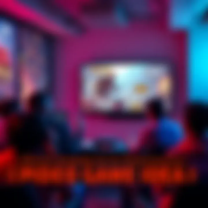 A person presenting a video game idea to a group of industry professionals with a projector displaying game art.