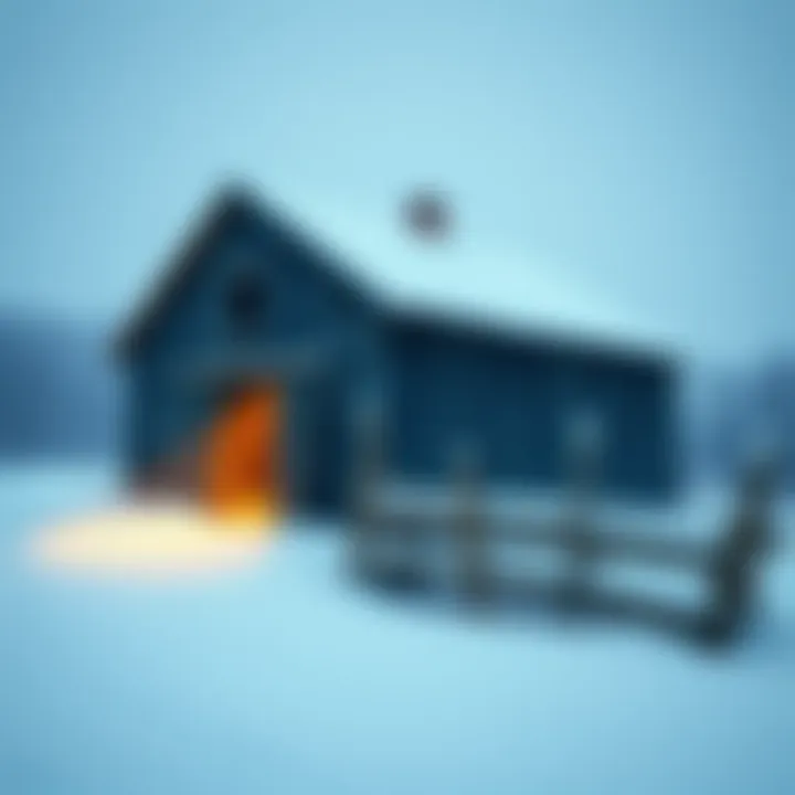 A pixel art scene showing an abandoned barn surrounded by falling snow during a blizzard.