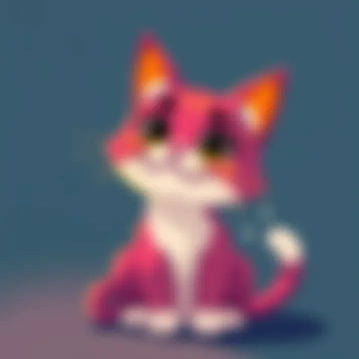 Hand pixelled animation of a cat character named Milk, inspired by a pet cat, showcasing vibrant colors and playful design.