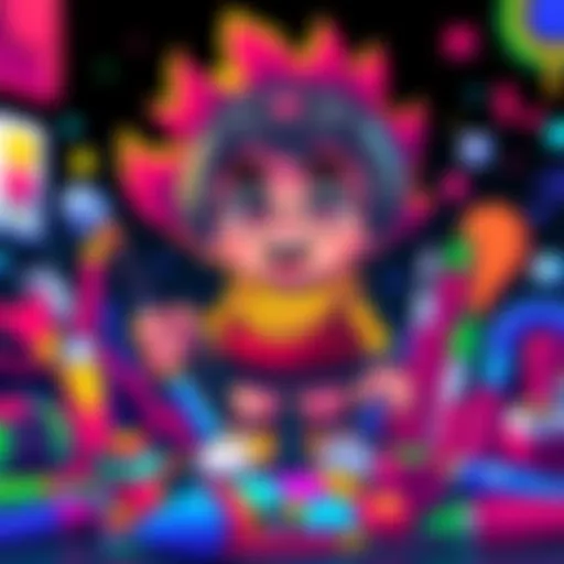 A colorful pixel art character holding a paintbrush, surrounded by vibrant pixelated tools and designs.
