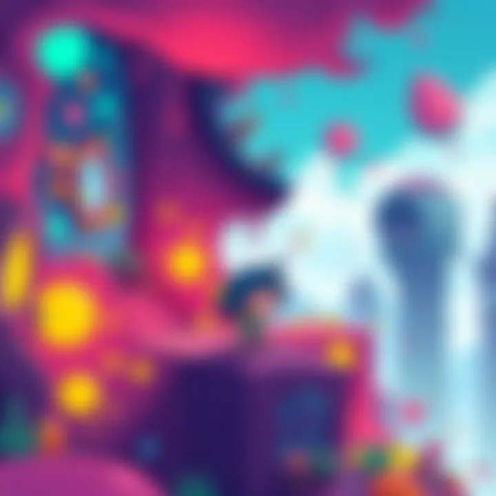 A pixel art character exploring a colorful, dreamlike world filled with strange objects and environments.