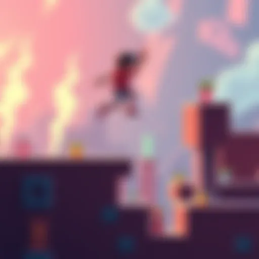 A pixel art character jumps over a colorful platform in a retro game setting