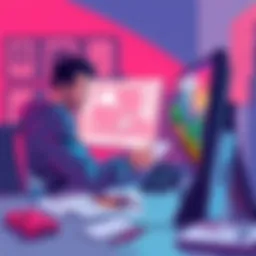 An artist sitting at a computer, looking frustrated while reviewing pixel art on the screen, with sketches and notes around them, seeking feedback from an online community.