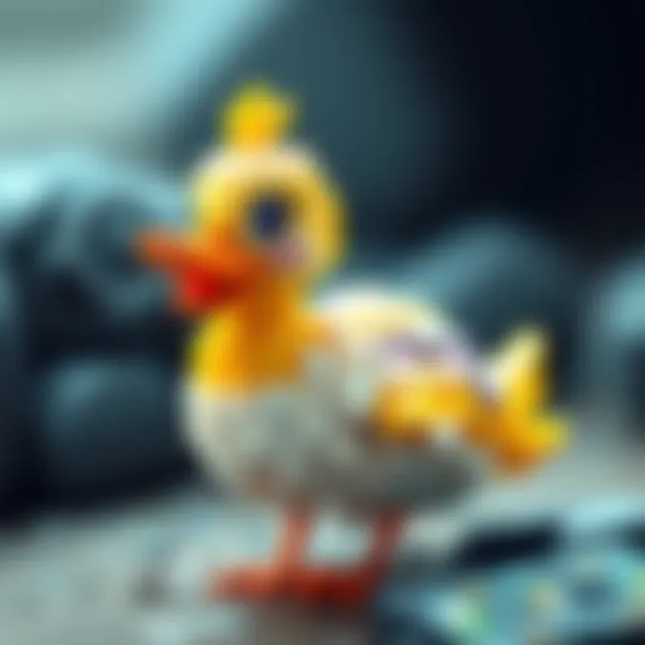 An adorable pixel art representation of a duck with bright colors and a cheerful expression