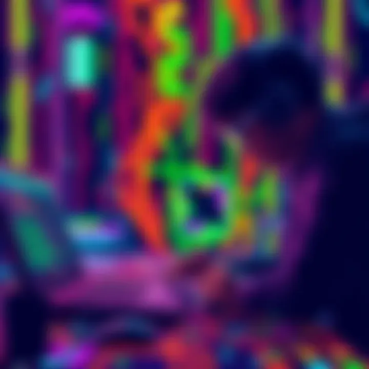 A colorful pixel art scene created with Python code in Visual Studio Code, showcasing an artist and a computer blending creativity and technology.