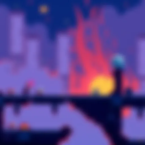 A colorful pixel art scene from a Metroidvania game showing a character jumping across platforms with enemies in the background.