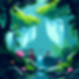 A vibrant pixel art scene featuring elements from Princess Mononoke, showcasing lush greens and a mystical atmosphere.