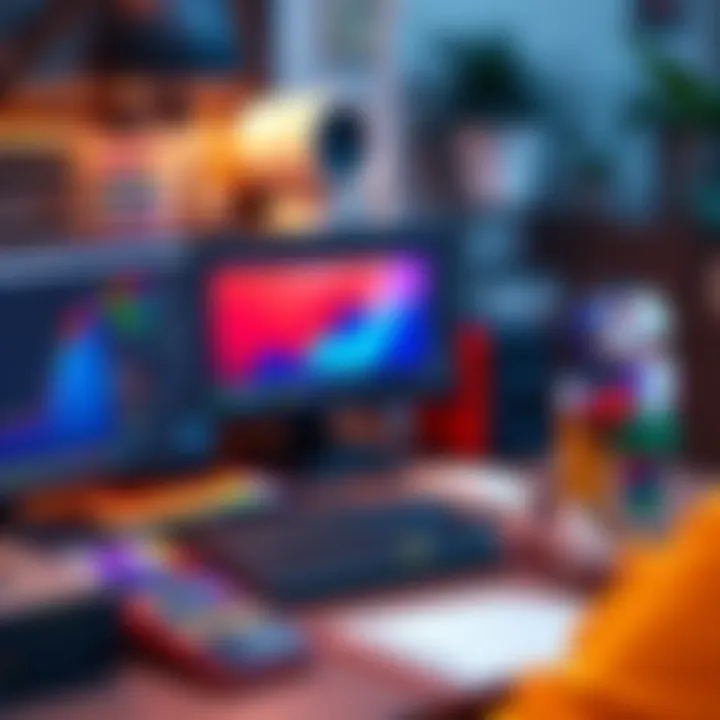 A digital workspace showing pixel art tools, colorful palettes, and a character being created in pixel art style.