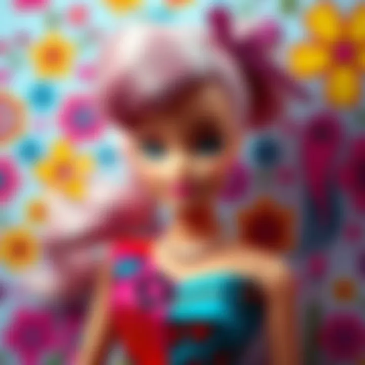 Colorful pixel art representation of a vintage Barbie doll surrounded by playful patterns.