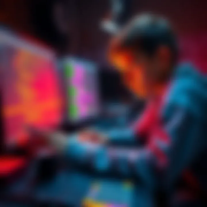 A 14-year-old pixel artist in front of a computer, sketching game graphics while looking at code on the screen, representing a collaboration in game development.