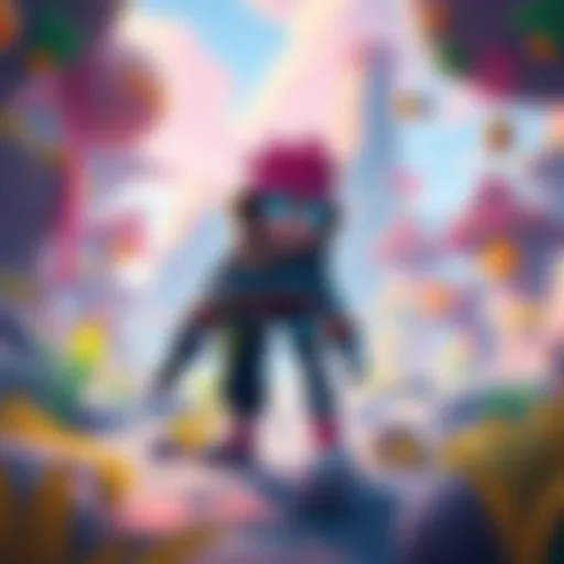A colorful pixelart character stands in a detailed 2.5D game world, showcasing bright scenery and unique design elements