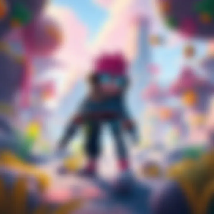A colorful pixelart character stands in a detailed 2.5D game world, showcasing bright scenery and unique design elements