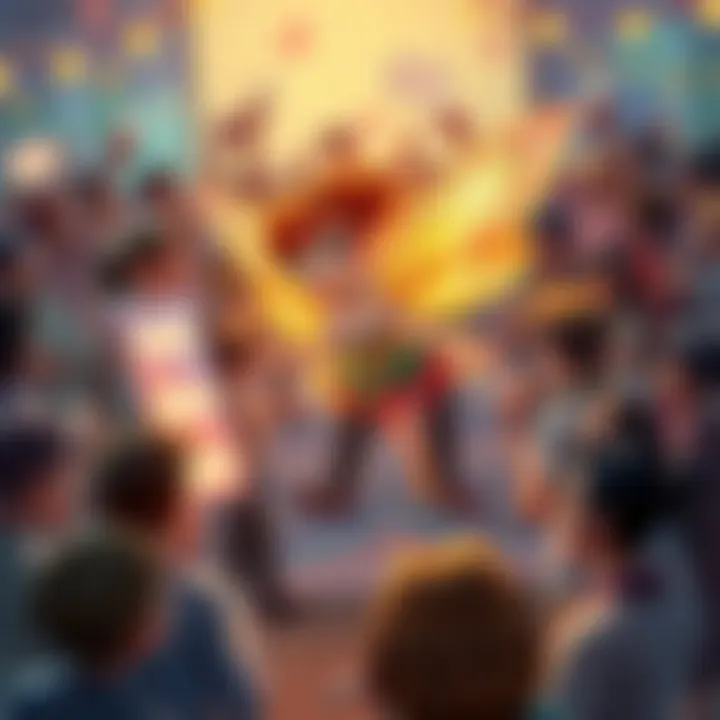 A colorful illustration of a magical pixie surrounded by voting options in a whimsical setting, engaging with a community of excited people.