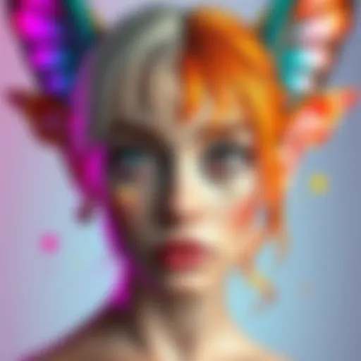A vibrant Pixie split portrait showcasing contrasting halves of a character's face, featuring whimsical elements and artistic flair.
