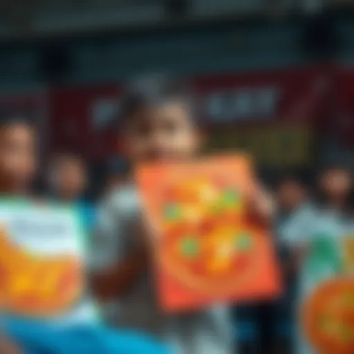 A child proudly shows a pizza-themed artwork, surrounded by other colorful entries and a banner of the contest, with visible expressions of mixed reactions from onlookers.