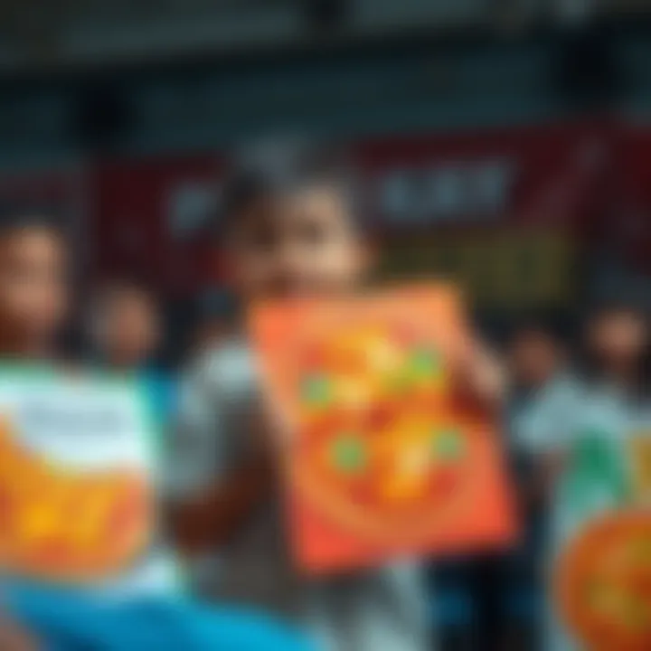 A child proudly shows a pizza-themed artwork, surrounded by other colorful entries and a banner of the contest, with visible expressions of mixed reactions from onlookers.