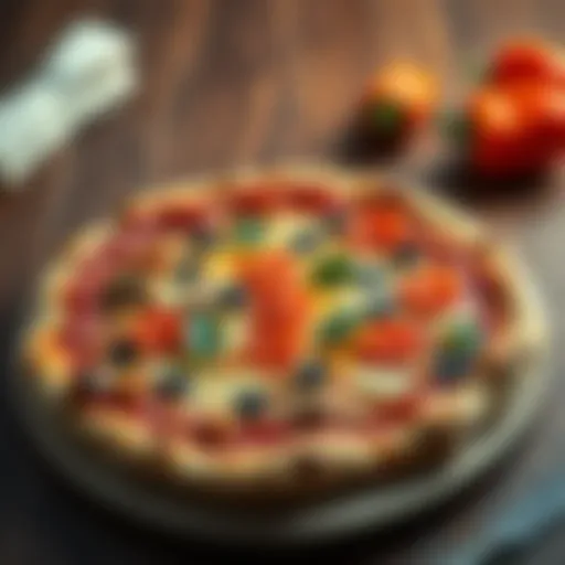 A delicious pizza topped with pepperoni, mushrooms, and bell peppers on a wooden table