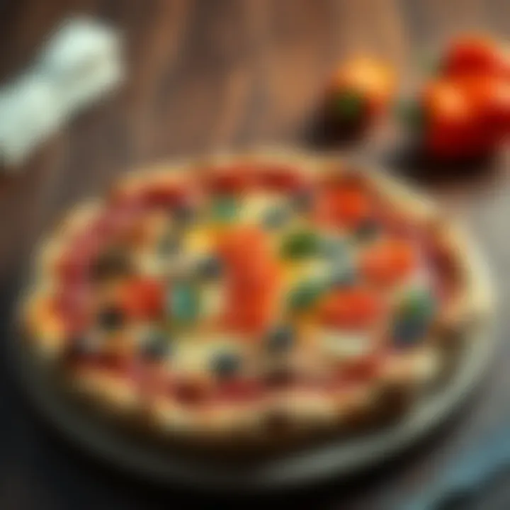 A delicious pizza topped with pepperoni, mushrooms, and bell peppers on a wooden table