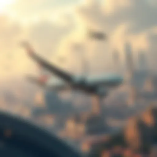 A futuristic city with planes flying overhead as the main mode of transportation, showcasing a vibrant community adapted to aerial travel.