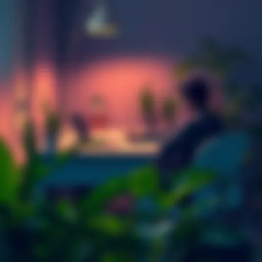 A person sitting at a table, writing down survival plans for the next decade, surrounded by plants and a laptop.