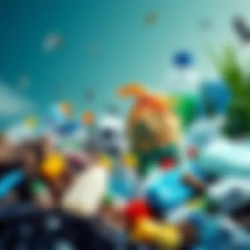 A collage showing plastic waste in nature alongside recycling efforts, highlighting the contrast between pollution and sustainability.