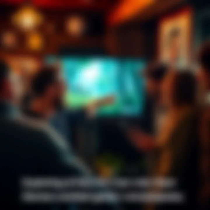 A player excitedly discussing Elmwood Trail with friends and pointing at a screen showing the game