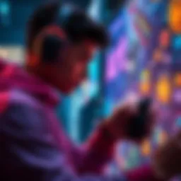 A player examines vibrant game art that sparked a controversy over its originality