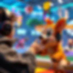 Player petting a cute animal in a video game A gamer interacts with a friendly animal character in a colorful video game setting.