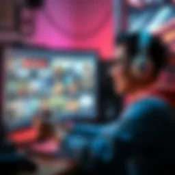 A gamer browsing through new game titles on a computer screen, showing excitement and curiosity.