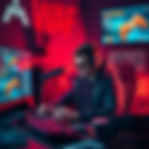 A gamer focused on overcoming Evee Shadow challenges, surrounded by gaming tools and a screen displaying gameplay tips.