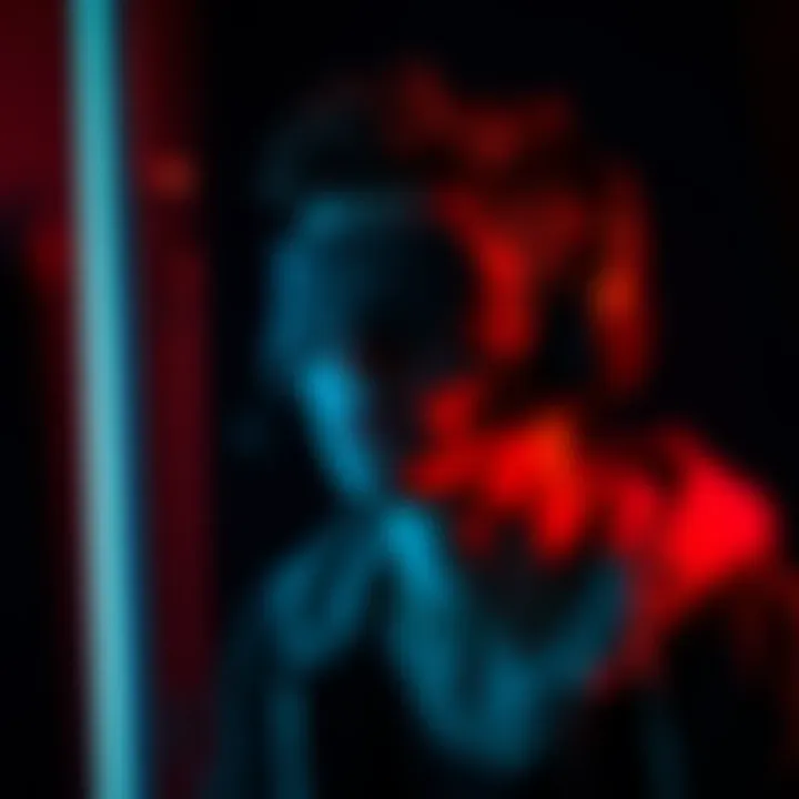 A person wearing a blindfold, focused on listening while playing a scary audio game, surrounded by dark shadows.