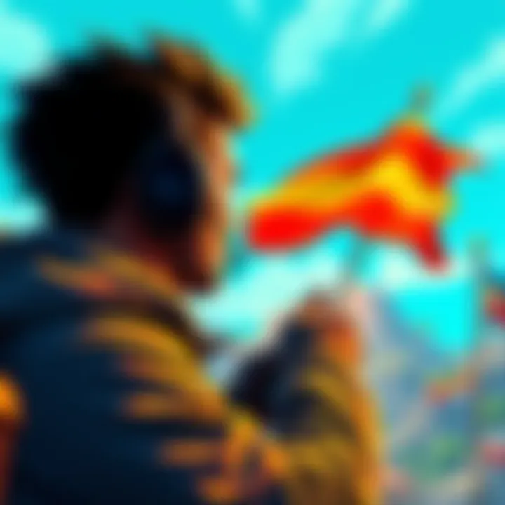 A person focused on capturing a flag that is waving in resistance, with a colorful background representing different levels of the game.