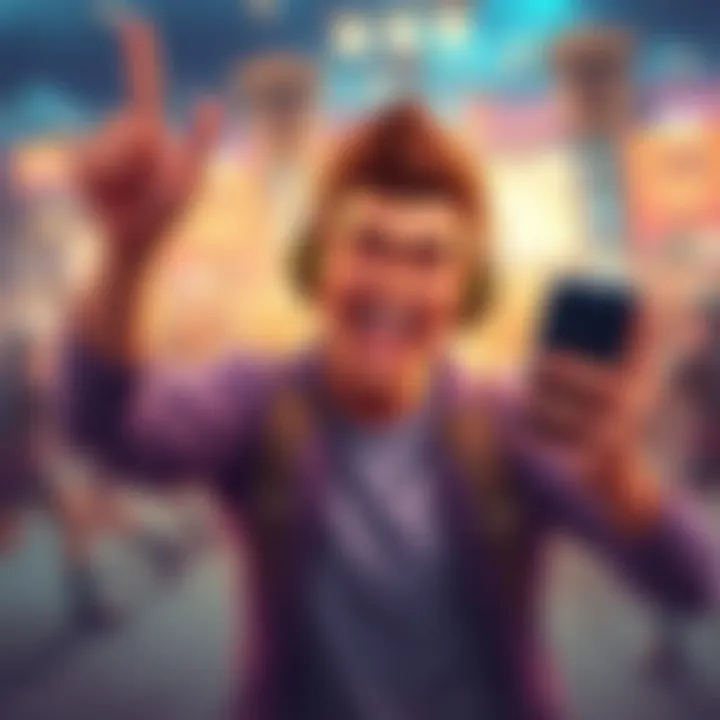Player with a joyful expression, holding a smartphone while celebrating a win in a mobile game battle