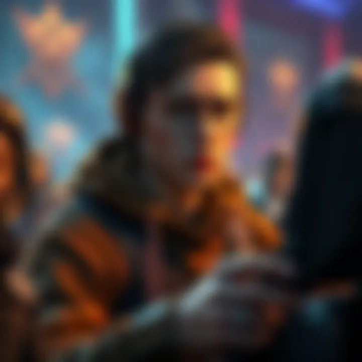 A gamer looking conflicted while playing an RPG, surrounded by virtual characters, considering the consequences of their actions.
