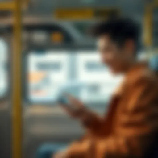 A person focused on playing an engaging Android game on their phone while sitting on a bus, with a satisfied expression