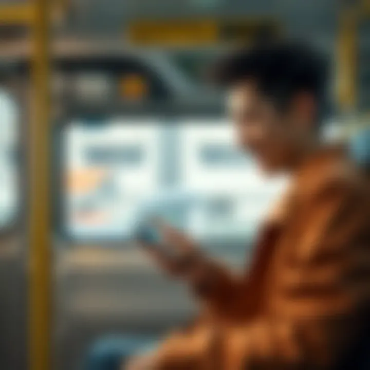 A person focused on playing an engaging Android game on their phone while sitting on a bus, with a satisfied expression