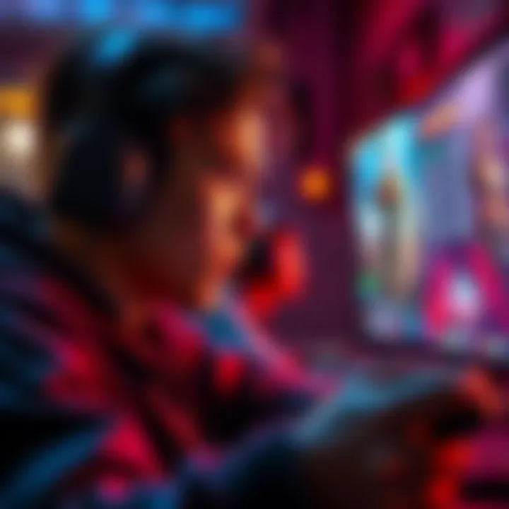 A gamer focused on a screen, immersed in a narrative, showing tension and excitement during gameplay.