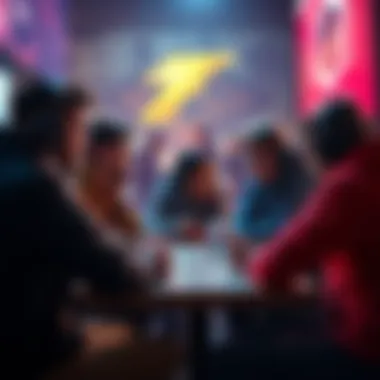 A group of players engaging in a discussion about game design choices, expressing differing opinions