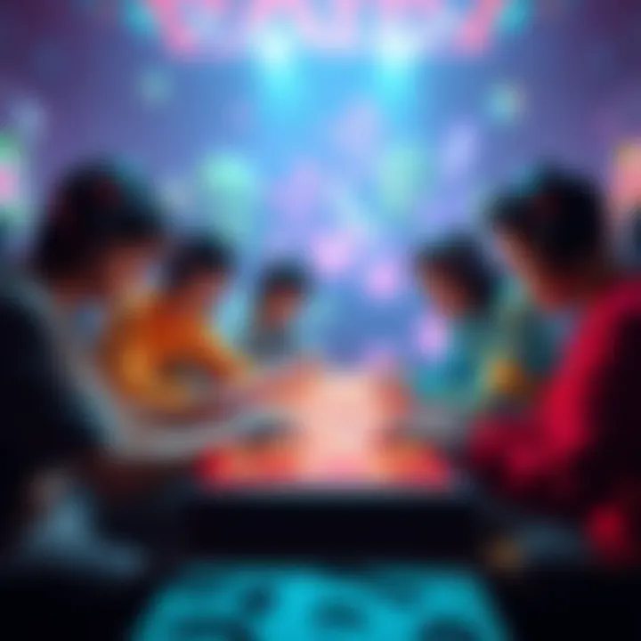 Players Engaged in a Long Puzzle Game A group of gamers focused on solving a complex puzzle in a vibrant game environment