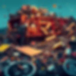 Illustration of players sifting through trash in a landfill, looking for a Bitcoin hard drive among debris.