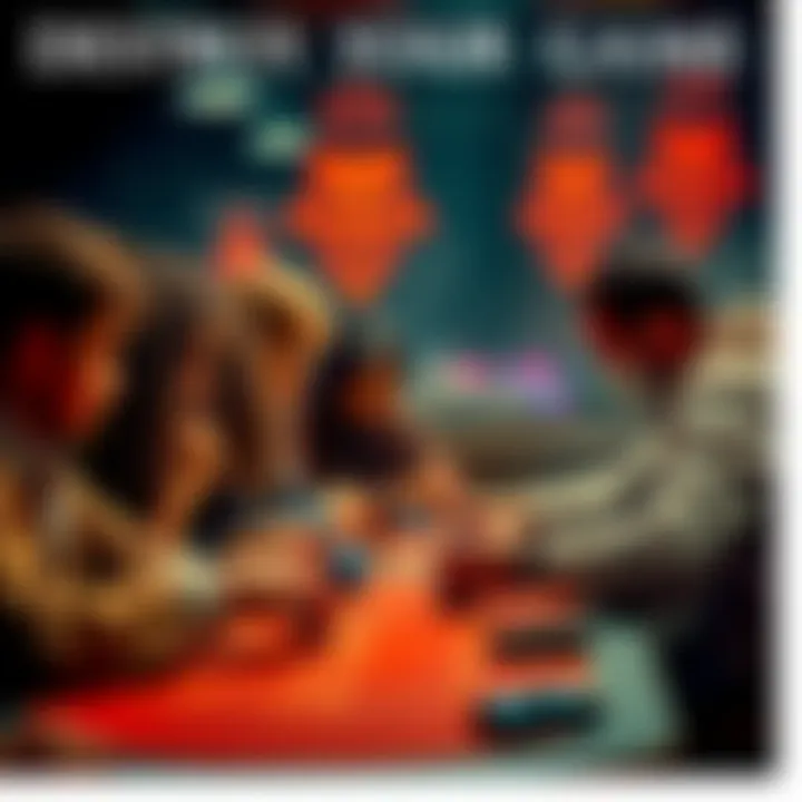 A group of players at a table intensely focused on a Lions Dice game, discussing strategies and loyalty rules.