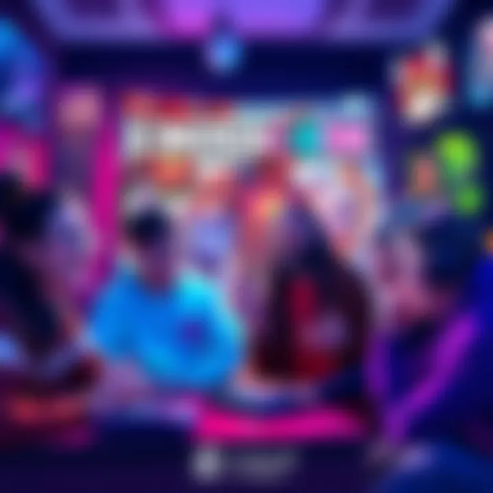 A group of gamers excitedly discussing and playing Crosscode, surrounded by colorful game art and character posters