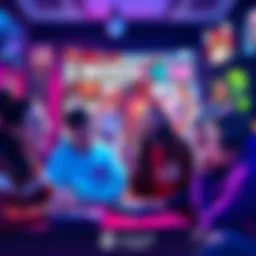 Players enjoying Crosscode A group of gamers excitedly discussing and playing Crosscode, surrounded by colorful game art and character posters