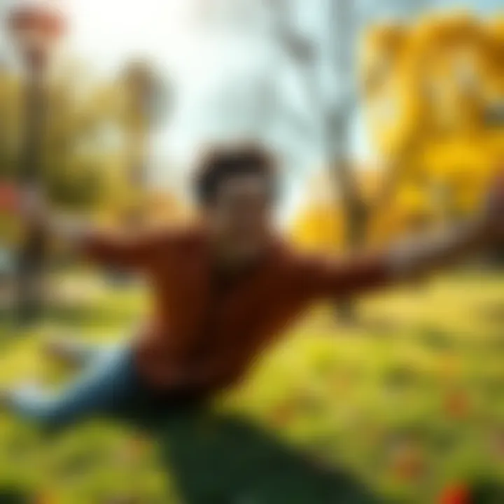 A person stretching happily in a sunny park, expressing a playful and flexible spirit with a big smile.