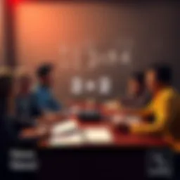 A group of people discussing the equation 2+2=4 at a table with notebooks and calculators, showing different number systems like Base 10 and others.