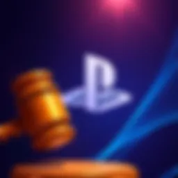 A PlayStation logo with a gavel symbolizing a lawsuit over media changes