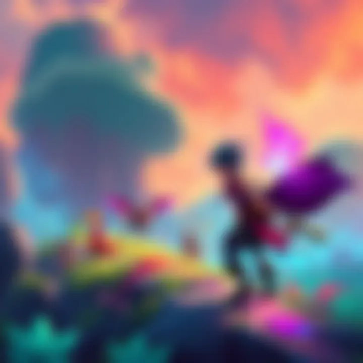 A colorful scene from Allmage showcasing a mage character on an adventure with magical creatures and customizable items in a vibrant landscape.